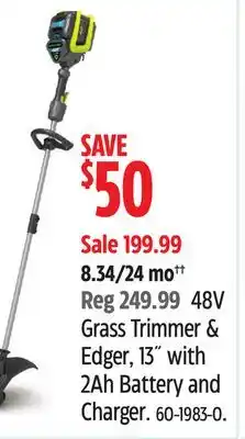 Canadian Tire Yardworks 48V Grass Trimmer & Edger, 13 with 2Ah Battery and Charger offer