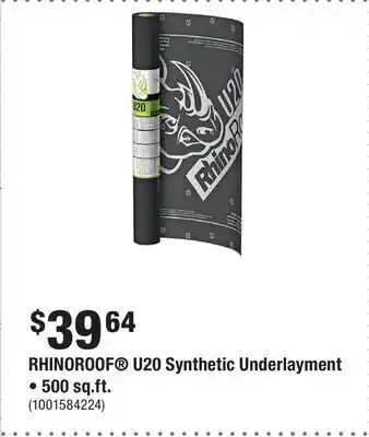 Home Depot RHINOROOF U20 Synthetic Underlayment • 500 sq.ft offer