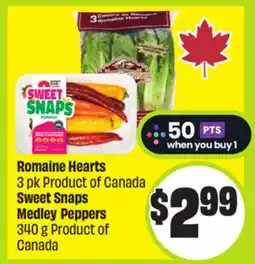 FreshCo Romaine Hearts 3 pk Product of Canada Sweet Snaps Medley Peppers 340 g Product of Canada offer