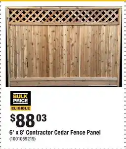 Home Depot 6' x 8' Contractor Cedar Fence Panel offer
