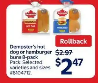 Walmart Dempster's Hot Dog or Hamburger Buns 8-Pack offer