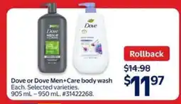 Walmart Dove or Dove Men+Care Body Wash offer