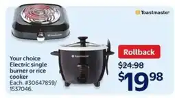 Walmart Toastmaster Electric Single Burner or Rice Cooker offer