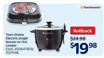 Walmart Toastmaster Electric Single Burner or Rice Cooker offer