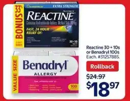 Walmart Reactine 30 + 10s or Benadryl 100s offer