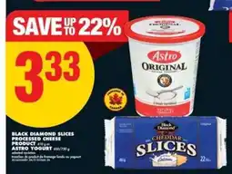 No Frills Black Diamond Slices Processed Cheese Product or Astro Yogurt offer