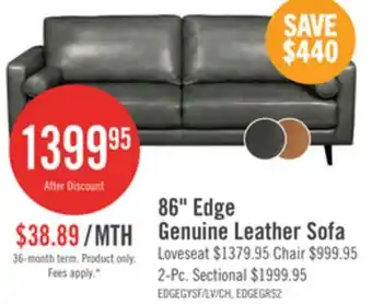 The Brick Edge 86 Genuine Leather Sofa with Wood Legs and Removable Back Cushions - Grey offer