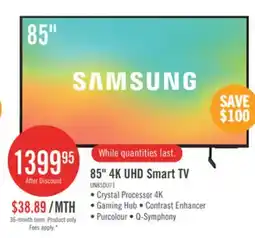 The Brick Samsung 85 4K UHD Direct Lit PurColour HDR10+ 60Hz Smart TV (UN85DU7100FXZC) offer