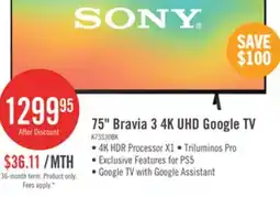 The Brick Sony 75 Bravia 3 LED 4K HDR10 Dolby Vision Motionflow XR 60Hz Google Smart TV (K75S30) offer