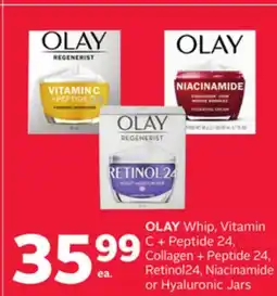 Rexall OLAY Whip, Vitamin C + Peptide 24, Collagen + Peptide 24, Retinol24, Niacinamide or Hyaluronic Jars offer
