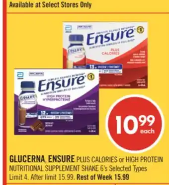 Shoppers Drug Mart GLUCERNA, ENSURE PLUS CALORIES or HIGH PROTEIN NUTRITIONAL SUPPLEMENT SHAKE offer