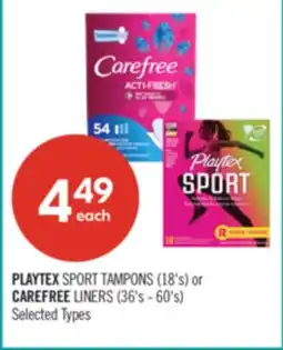Shoppers Drug Mart PLAYTEX SPORT TAMPONS (18's) or CAREFREE LINERS (36's - 60's) offer