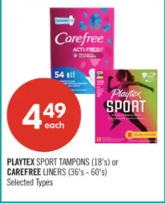 Shoppers Drug Mart PLAYTEX SPORT TAMPONS (18's) or CAREFREE LINERS (36's - 60's) offer