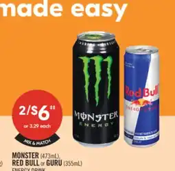 Shoppers Drug Mart MONTER (473mL), RED BULL or GURU (355mL) ENERGY DRINK offer
