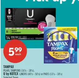 Shoppers Drug Mart TAMPAX PEARL TAMPONS (16's - 18's), U by KOTEX LINERS (40's - 50's) or PADS (13's - 18's) offer