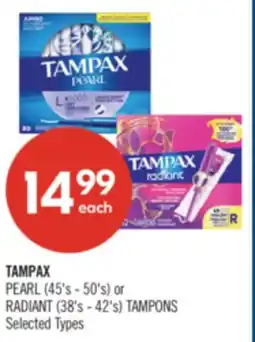 Shoppers Drug Mart TAMPAX PEARL (45's - 50's) or RADIANT (38's - 42's) TAMPONS offer