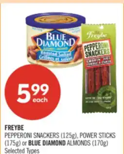 Shoppers Drug Mart FREYBE PEPPERONI SNACKERS (125g), POWER STICKS (175g) or BLUE DIAMOND ALMONDS (170g) offer