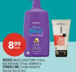 Shoppers Drug Mart AUSSIE MIRACLE MOIST PUMP (778mL) KIDS MOISTURE (475mL) SHAMPOO or STUDIO LINE STYLING PRODUCTS offer