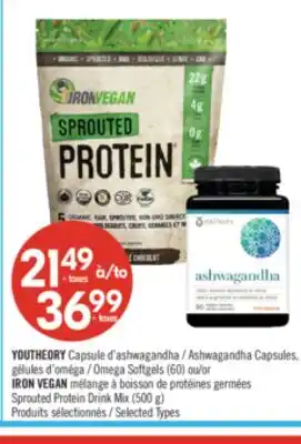 Pharmaprix YOUTHEORY Ashwagandha Capsules, Omega Softgels (60) or IRON VEGAN Sprouted Protein Drink Mix (500g) offer