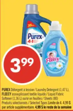 Pharmaprix PUREX Laundry Detergent (1,47 L), FLEECY Liquid Fabric Softener (1,36 L) or Sheets (80) offer