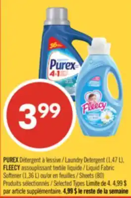 Pharmaprix PUREX Laundry Detergent (1,47 L), FLEECY Liquid Fabric Softener (1,36 L) or Sheets (80) offer