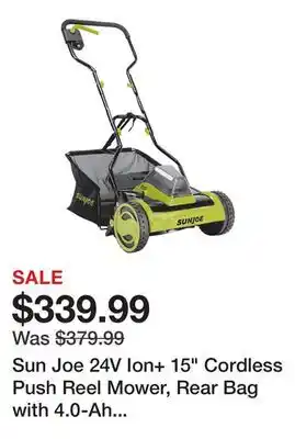 TSC Stores Sun Joe 24V Ion+ 15 Cordless Push Reel Mower, Rear Bag with 4.0-Ah Battery and Charger offer