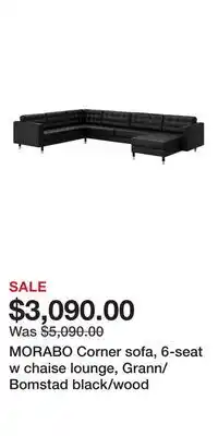 IKEA MORABO Corner sofa, 6-seat w chaise lounge, Grann/Bomstad black/wood offer
