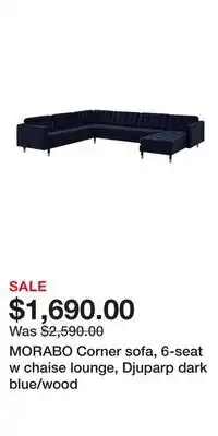 IKEA MORABO Corner sofa, 6-seat w chaise lounge, Djuparp dark blue/wood offer