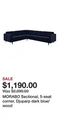 IKEA MORABO Sectional, 5-seat corner, Djuparp dark blue/wood offer