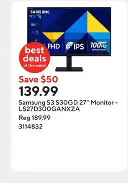 Staples Samsung S3 S30GD 27 Monitor - LS27D300GANXZA offer