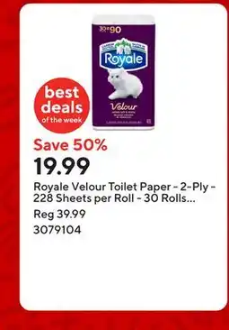 Staples Royale Velour Toilet Paper - 2-Ply - 228 Sheets per Roll - 30 Rolls per Pack offer