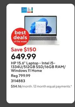 Staples HP 15.6 Laptop - Intel i5-1334U/512GB SSD/16GB RAM/Windows 11 Home offer