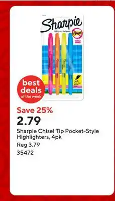 Staples Sharpie Chisel Tip Pocket-Style Highlighters, 4pk offer