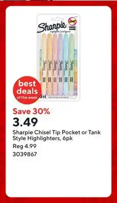 Staples Sharpie Chisel Tip Pocket or Tank Style Highlighters, 6pk offer