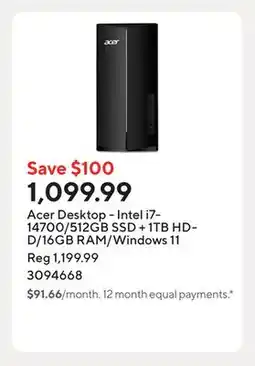 Staples Acer Desktop - Intel i7-14700/512GB SSD + 1TB HDD/16GB RAM/Windows 11 offer