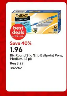 Staples Bic Round Stic Grip Ballpoint Pens, Medium, 12 pk offer