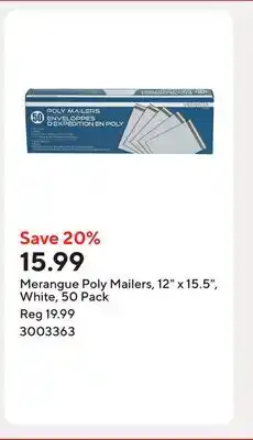 Staples Merangue Poly Mailers, 12 x 15.5, White, 50 Pack offer
