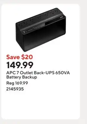 Staples APC 7 Outlet Back-UPS 650VA Battery Backup offer