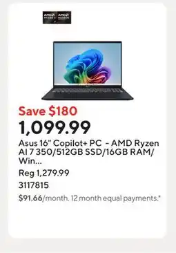 Staples Asus 16 Copilot+ PC - AMD Ryzen AI 7 350/512GB SSD/16GB RAM/Win 11 Home offer