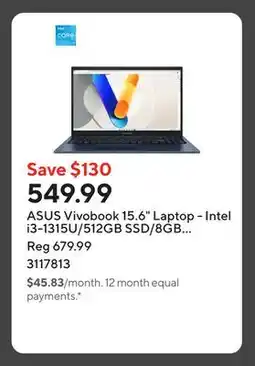 Staples ASUS Vivobook 15.6 Laptop - Intel i3-1315U/512GB SSD/8GB RAM/Windows 11 Home offer