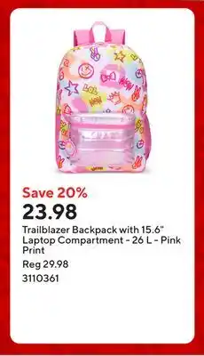 Staples Trailblazer Backpack with 15.6 Laptop Compartment - 26 L - Pink Print offer