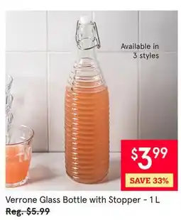 Kitchen Stuff Plus Verrone Glass Bottle with Stopper - 1 L offer