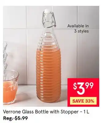 Kitchen Stuff Plus Verrone Glass Bottle with Stopper - 1 L offer