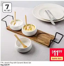 Kitchen Stuff Plus 7 Pc. Acacia Tray with Ceramic Bowls Set offer