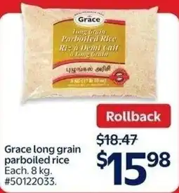 Walmart Grace long grain parboiled Grace long grain parboiled rice Each. 8 kg. #50122033. offer