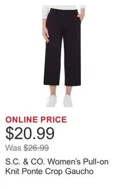 Costco S.C. & CO. Women's Pull-on Knit Ponte Crop Gaucho offer