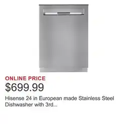 Costco Hisense 24 in European made Stainless Steel Dishwasher with 3rd Rack and Auto Open Dry offer