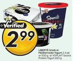 Sobeys LIBERTÉ Greek or Méditerranée Yogurt 2-4 pk or 500 g or YOPLAIT Source Protein Yogurt offer