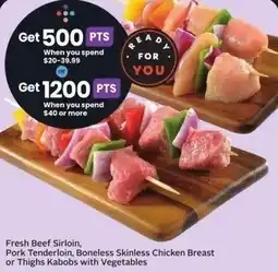 Sobeys Fresh Beef Sirloin and Pork Tenderloin, Boneless Skinless Chicken Breast or Thighs Kabobs with Vegetables offer