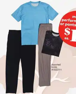 Giant Tiger men's performance tee or pants or shorts offer
